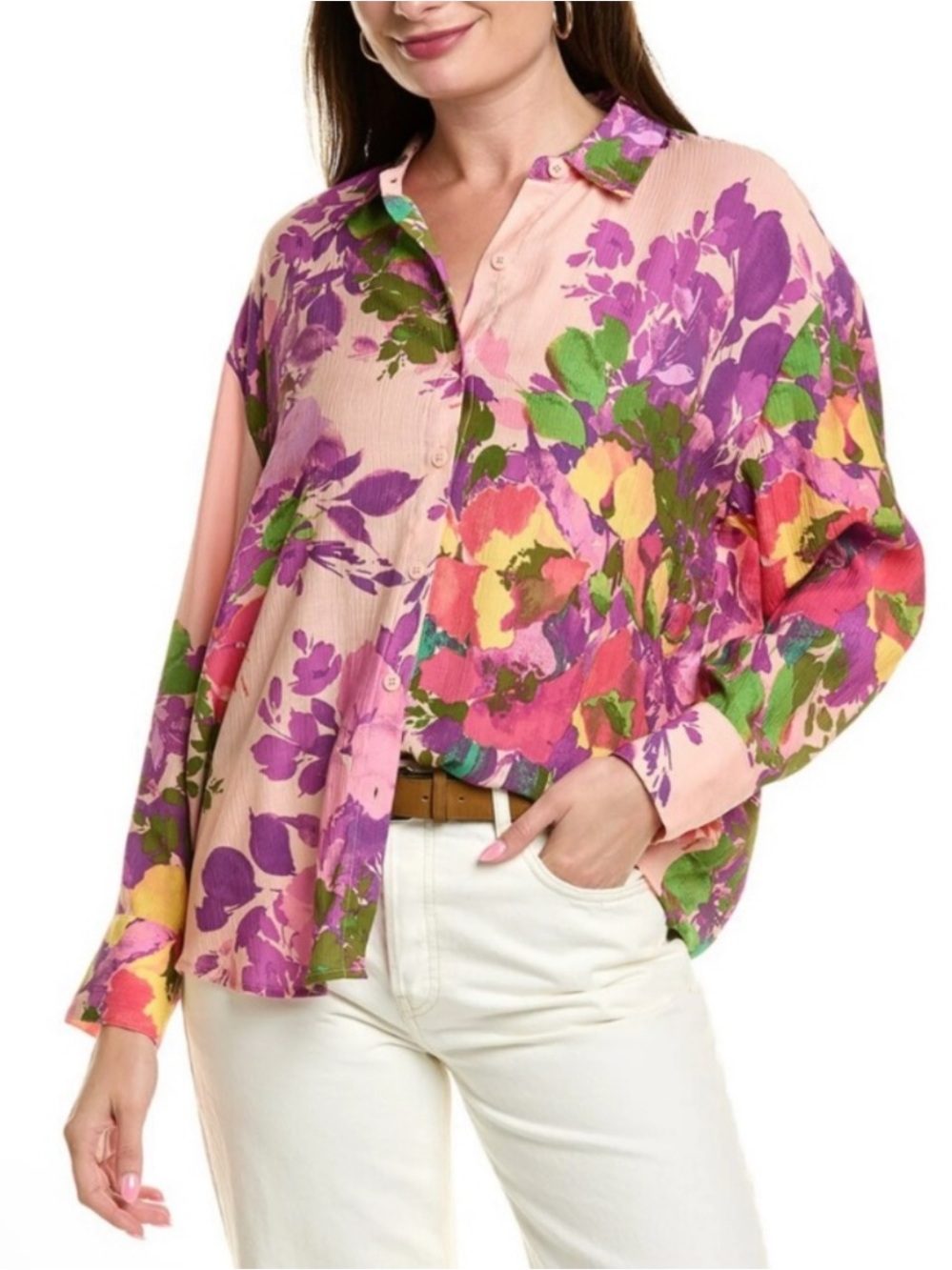 Nicole Miller Floral Print Long Sleeve Button Front Oversized Shirt New